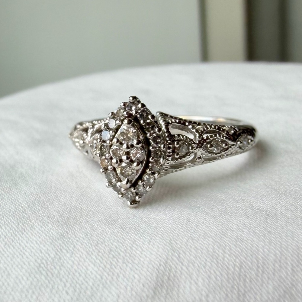 10K White Gold, .18 CT. T.W. Vintage Style Marquise Diamond Cluster Ring